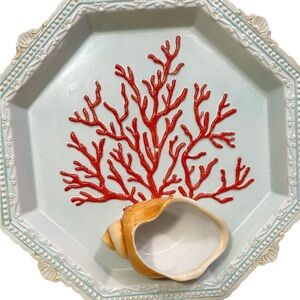 ZRIKE Porcelain by Liza Levy Raised Seashells Coral & Dots BAROQUE Dip Plate 14”